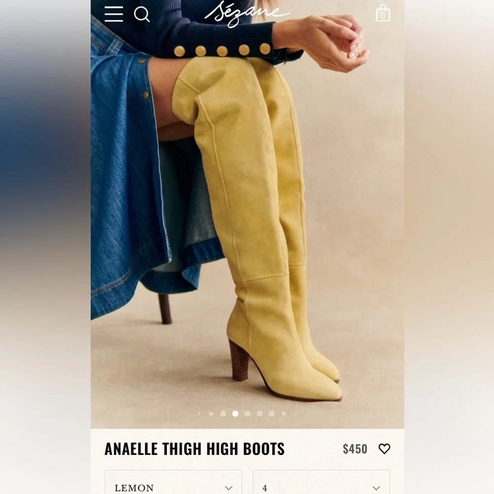 Sezane Anaelle Thigh High Suede Leather Over The Knee Pointy Boots Lemon Yellow